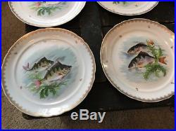 Vintage Hand Painted French Fish Dinner Plates 11 Total Gilded