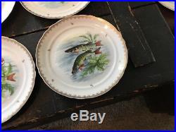 Vintage Hand Painted French Fish Dinner Plates 11 Total Gilded