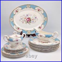 Vintage Myott Son & Co Staffordshire Rose Blue Gold Set Platter Dinner Plates