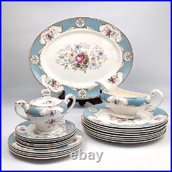 Vintage Myott Son & Co Staffordshire Rose Blue Gold Set Platter Dinner Plates