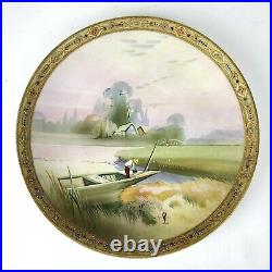 Vintage Nippon Hand Painted Gold Moriage 10 Plate Fishing Scene Free Shipping