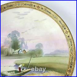 Vintage Nippon Hand Painted Gold Moriage 10 Plate Fishing Scene Free Shipping