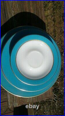 Vintage Pyrex TURQUOISE AQUA GOLD TRIM 16pc Dinner & Salad Plates Cup Saucers