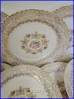 Vintage Union Made Royal China 22 K Gold Rose Glory Parisian Dinner Plates (8)