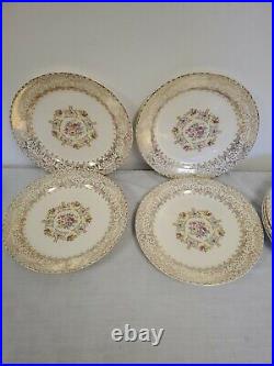 Vintage Union Made Royal China 22 K Gold Rose Glory Parisian Dinner Plates (8)