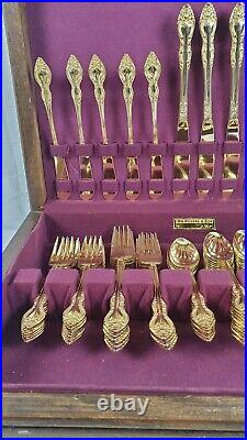 WM Rogers & Sons Original Gold Plated Stainless Dinner Set With Wood Box (85pcs)