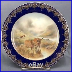 WOW Royal Worcester John Stinton Highland Cattle Cobalt Blue & Gold Dinner Plate
