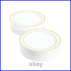 White Plastic Dinner Plates with Gold Trim Bulk 100 Ct