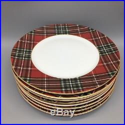 X8 222 Fifth WEXFORD RED Dinner Plate Set Christmas Gold Green Tartan Plaid NEW